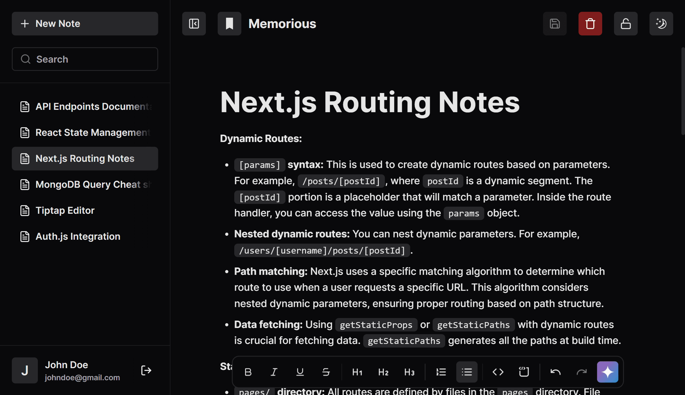 Memorious app interface in dark mode