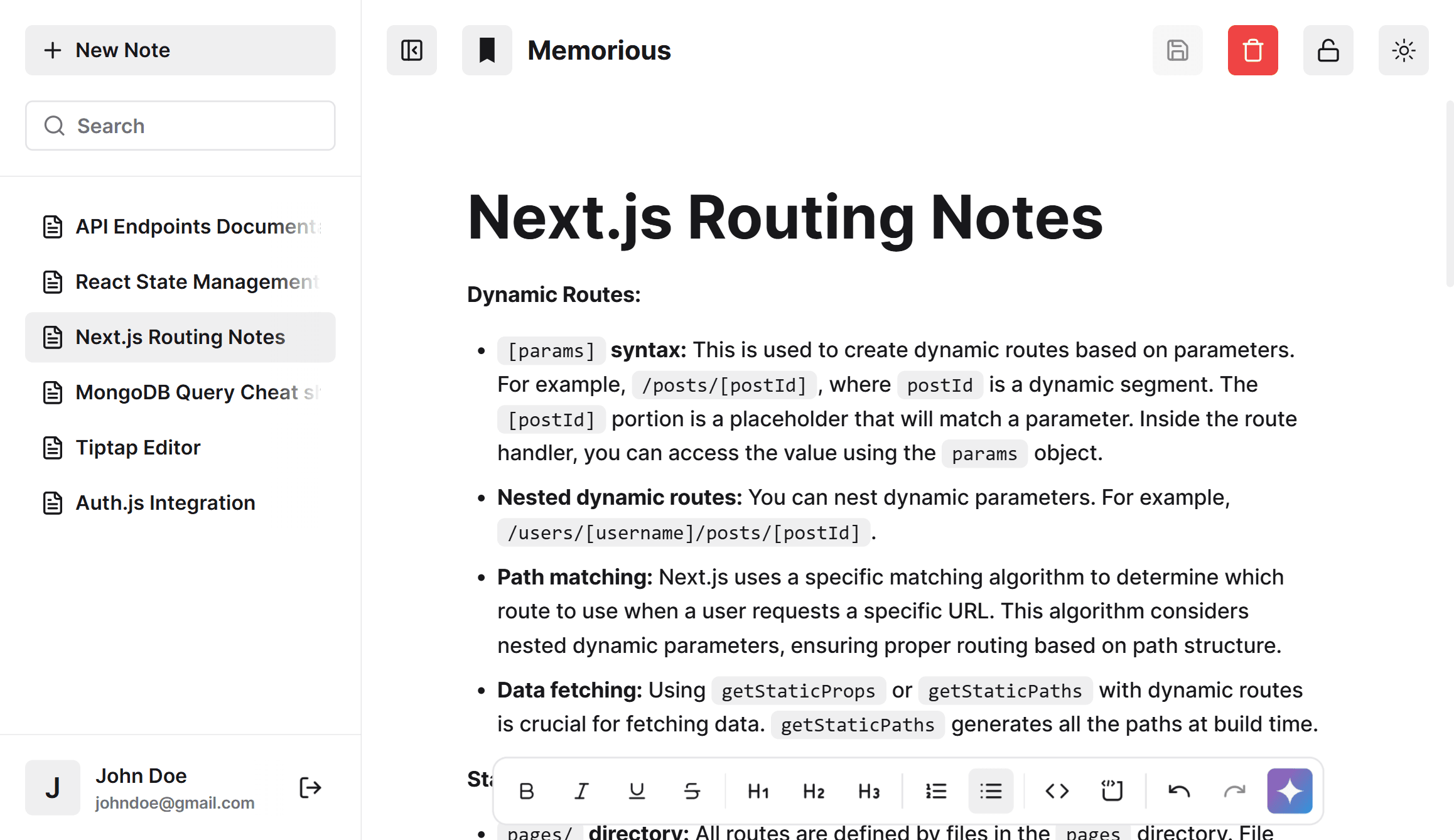 Memorious app interface in light mode